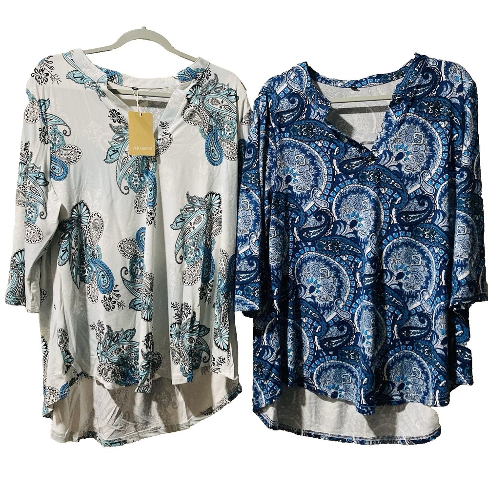 VERABENDI Paisley Print Tunic Blouse Plus XL Fit V-Neck 3/4 Sleeve Blue White